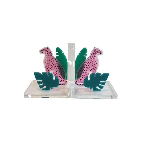 New Pink Green Acrylic Bed Room / Office Jungle Safari Cheetah Bookend Set - Picture 2 of 3